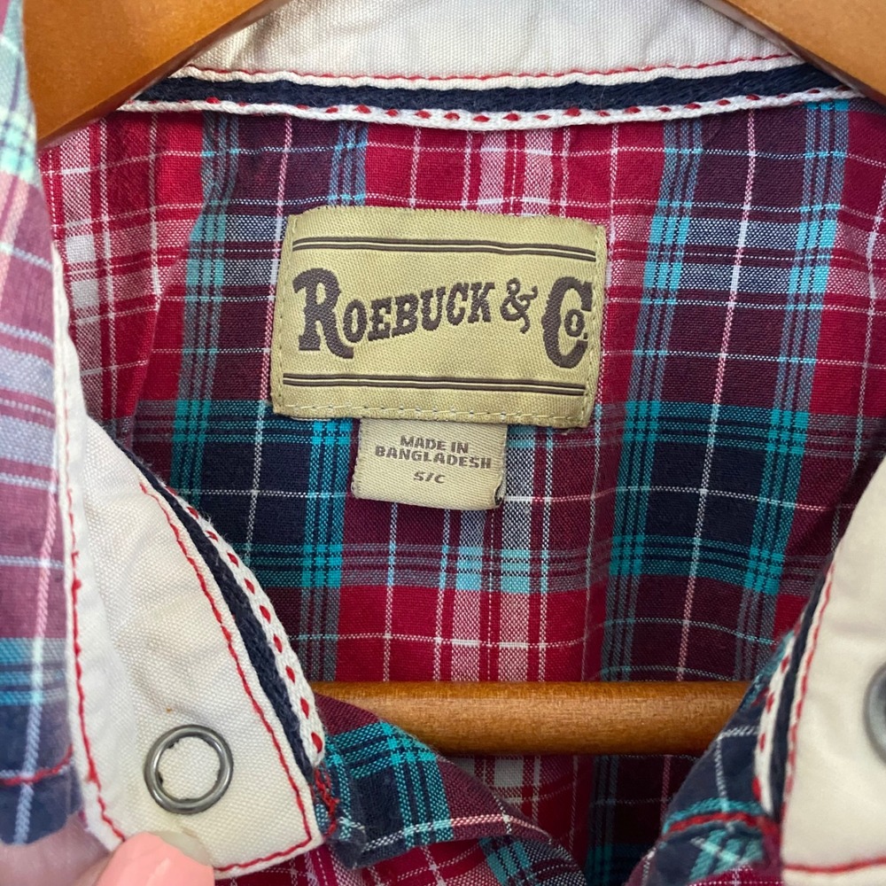 Roebuck & Co Womens Red Blue Plaid Western Snap Short Sleeve‎ Cotton Shirt S/C - Picture 2 of 7